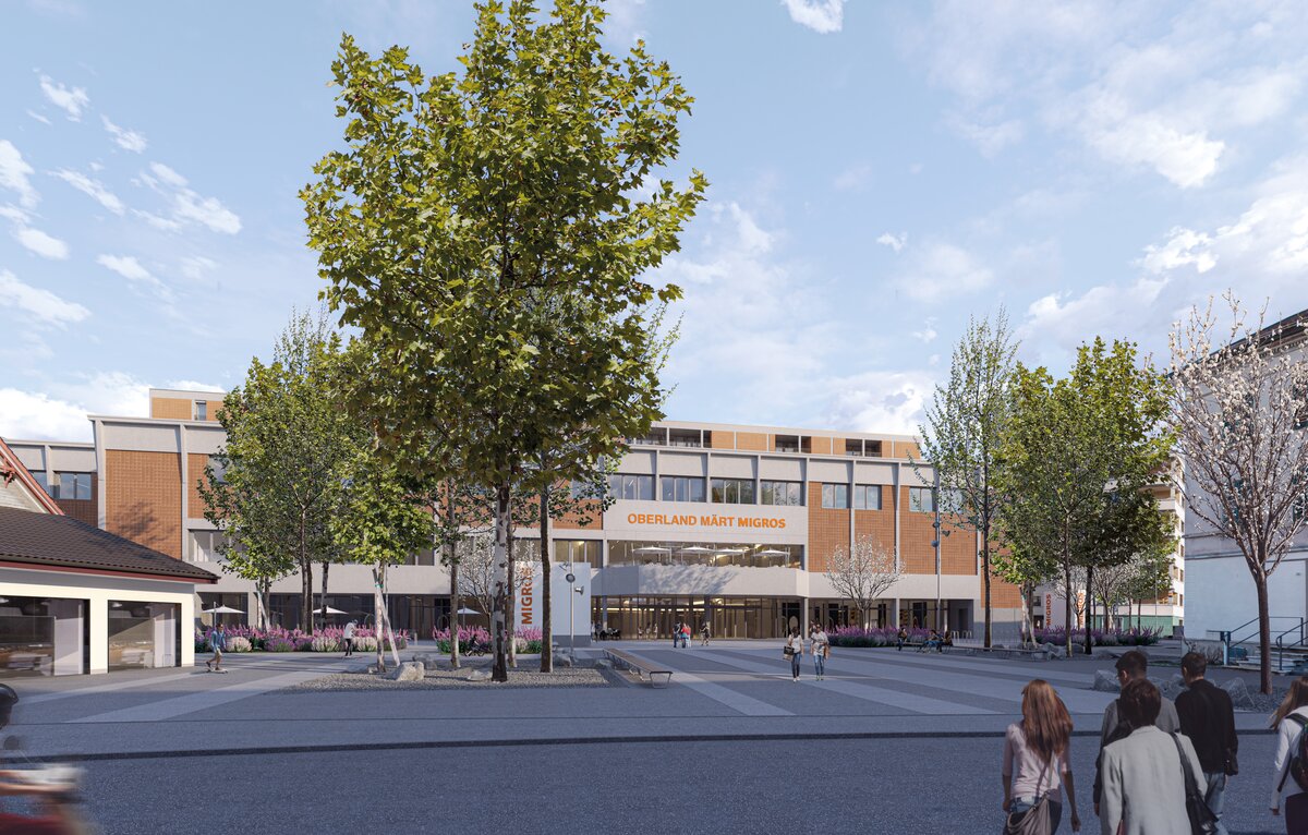 Neubau des Oberland Märts in Wetzikon mit Eingangsbereich und neu gestaltetem Vorplatz.
